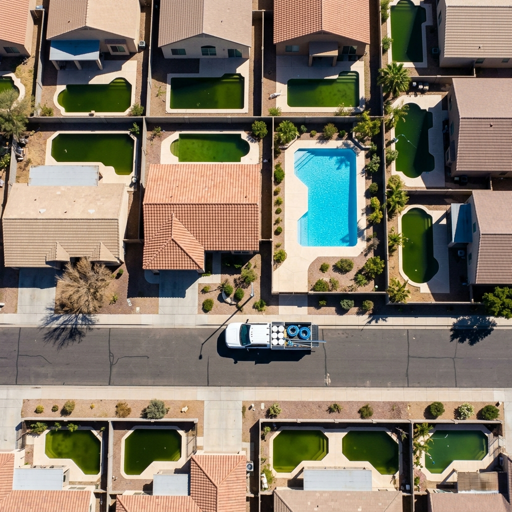 Green Pool album cover — aerial view of a neighborhood with pools and a pool service truck