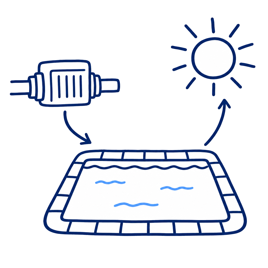 Line illustration of a salt cell, sun, and swimming pool