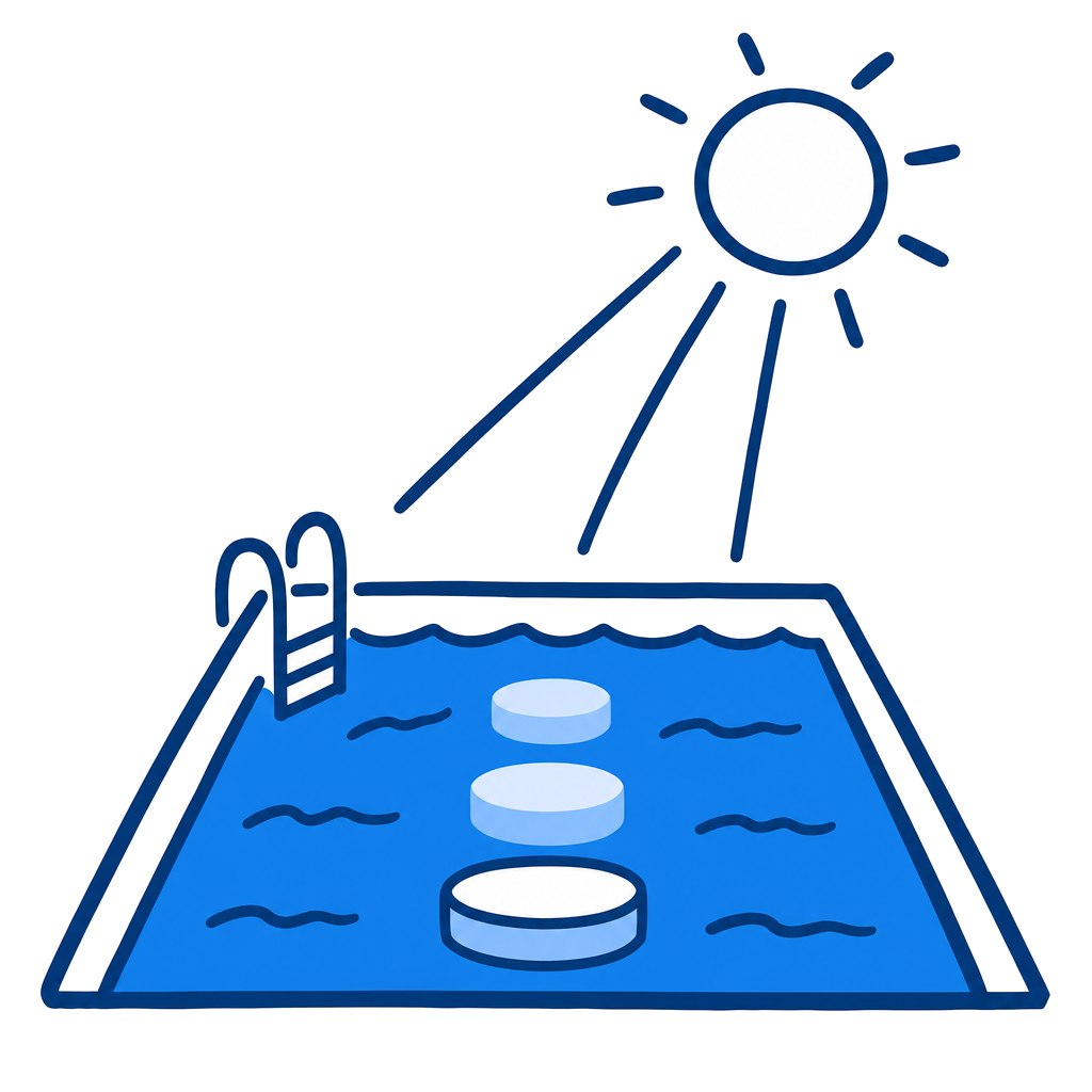 Line illustration of sunlight breaking down chlorine above a swimming pool