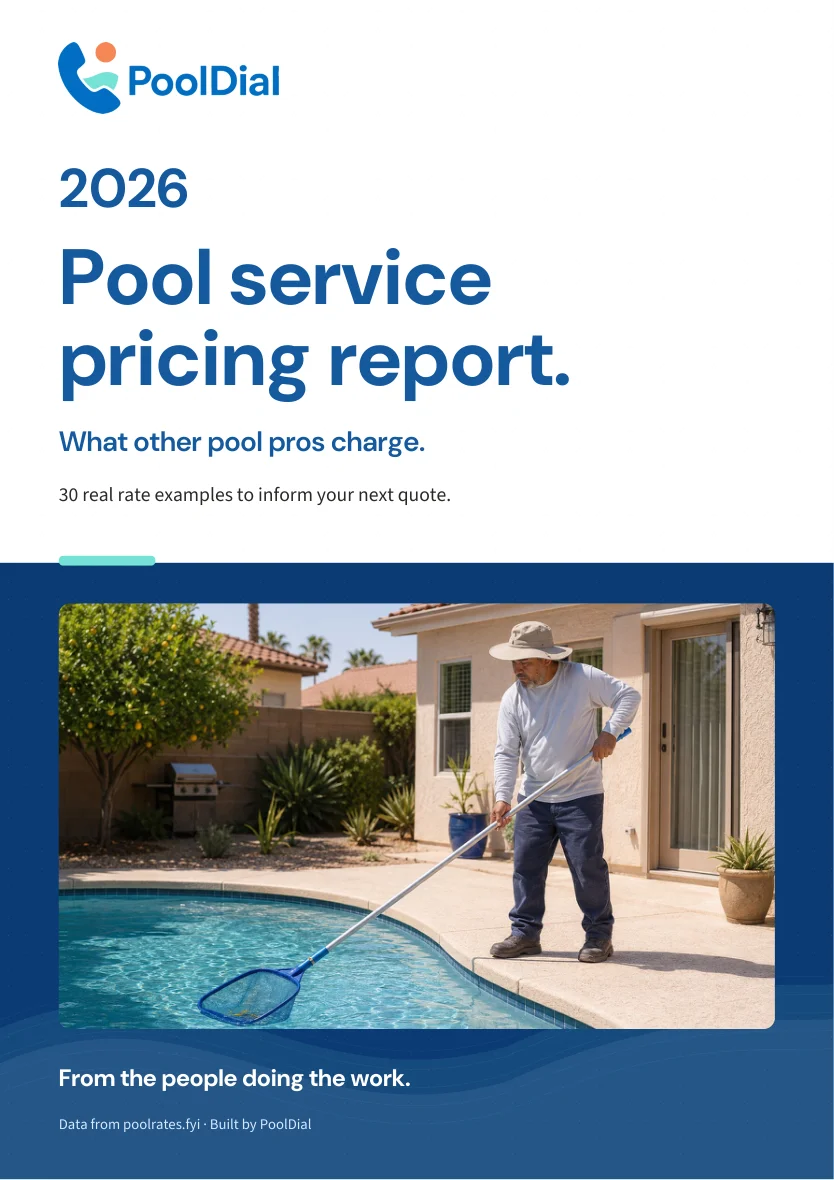2026 Pool Service Pricing Report cover featuring a pool technician at work