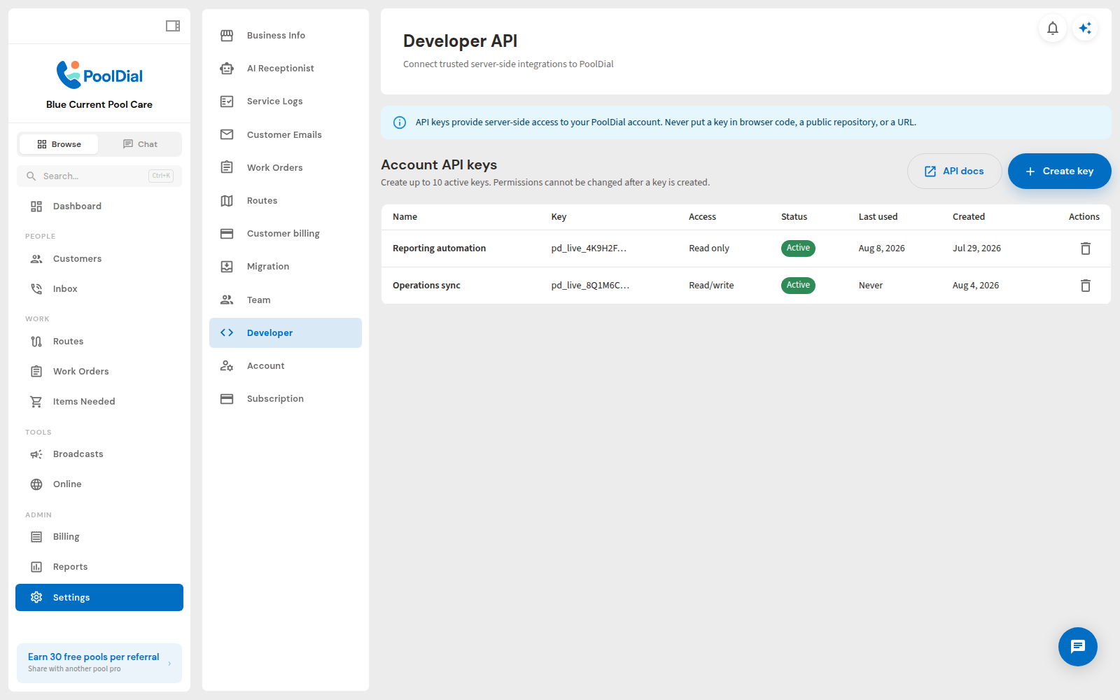 PoolDial Developer settings showing scoped API keys, access levels, status, and usage