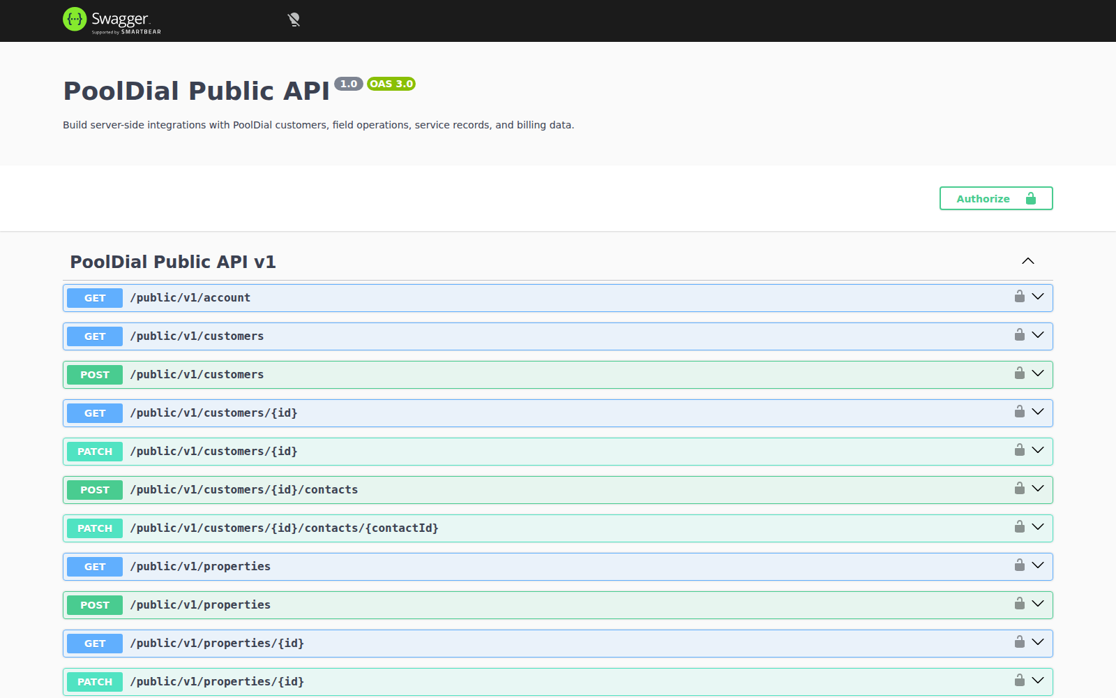 PoolDial Public API interactive OpenAPI documentation with customer and property endpoints