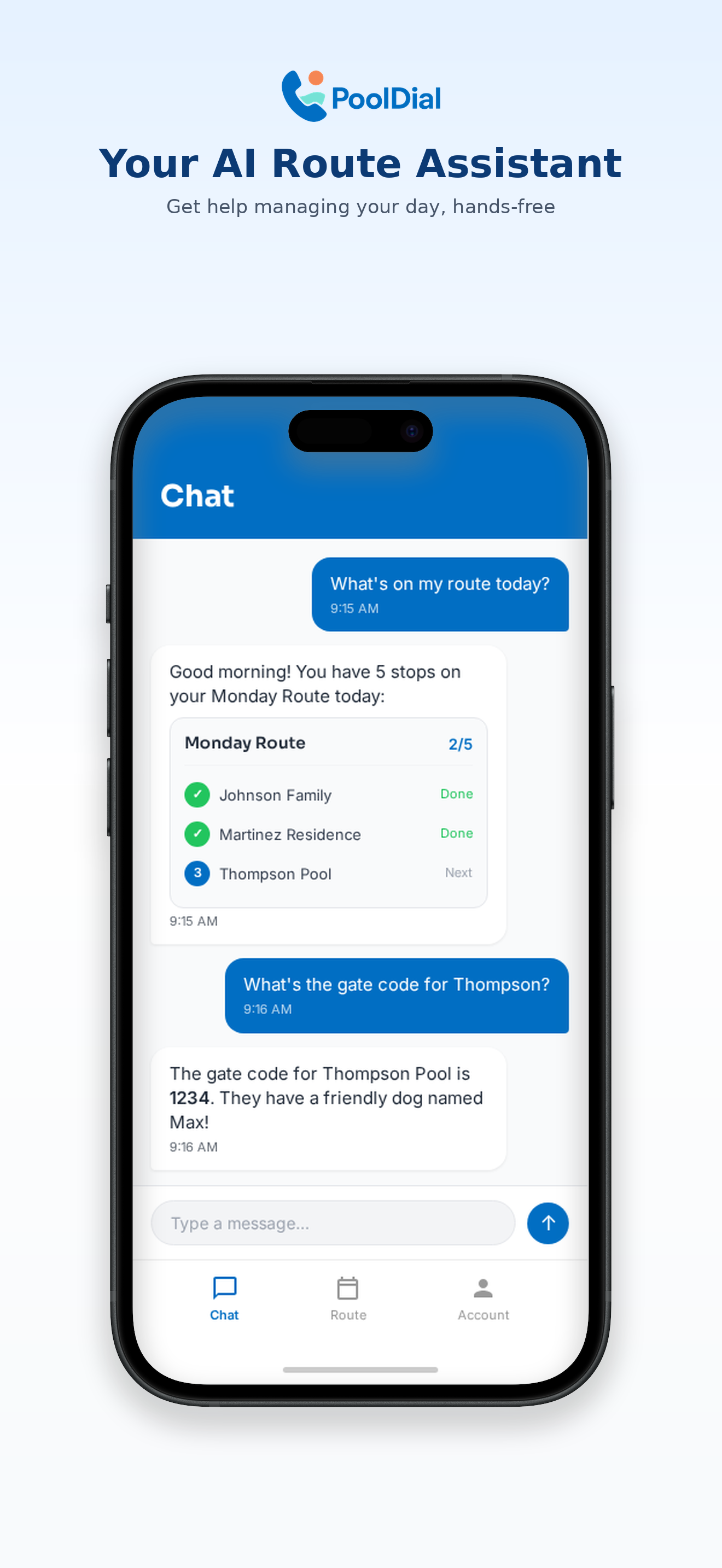 PoolDial mobile app AI chat assistant