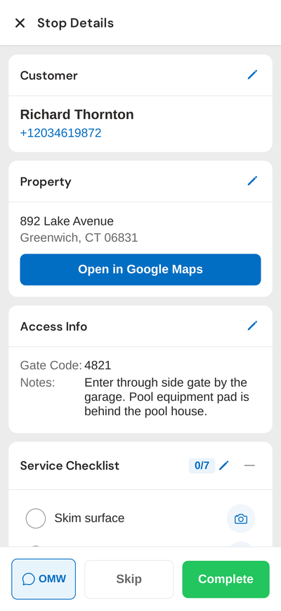 Stop detail with gate codes and checklist