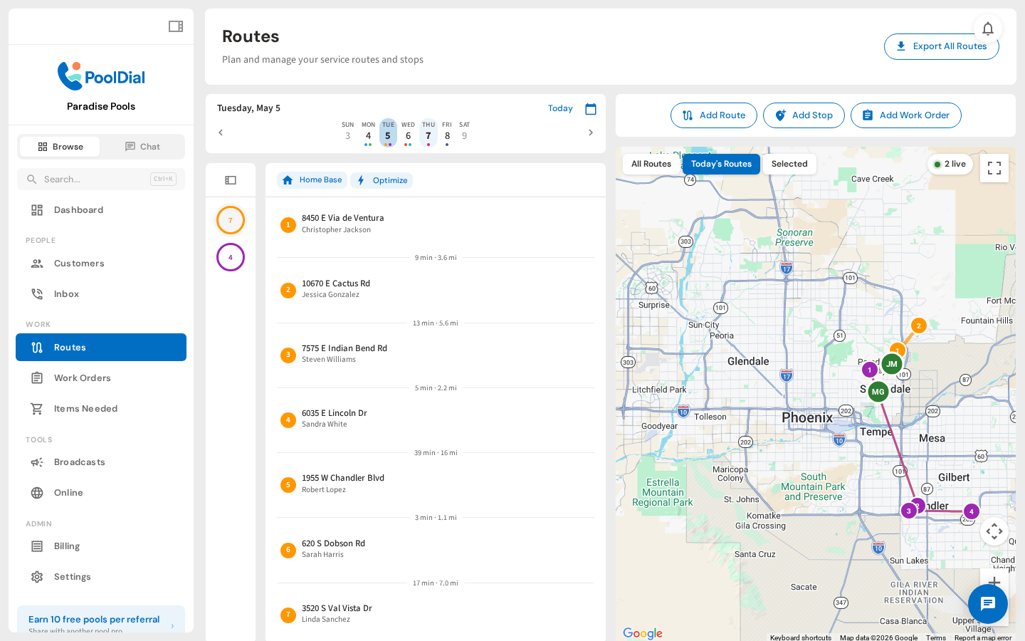 Routes map showing today's routes with live technician markers