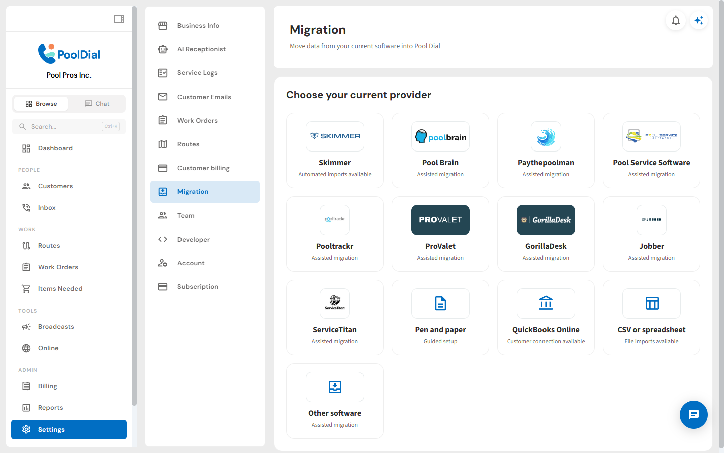 PoolDial import page with software migration and spreadsheet options