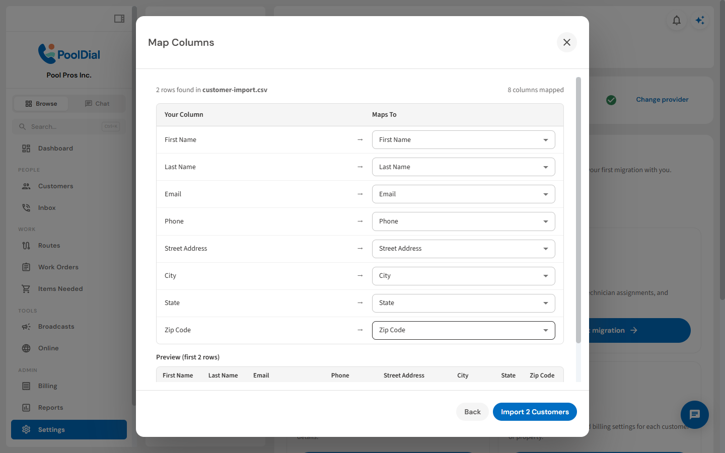PoolDial column mapping screen for reviewing imported fields