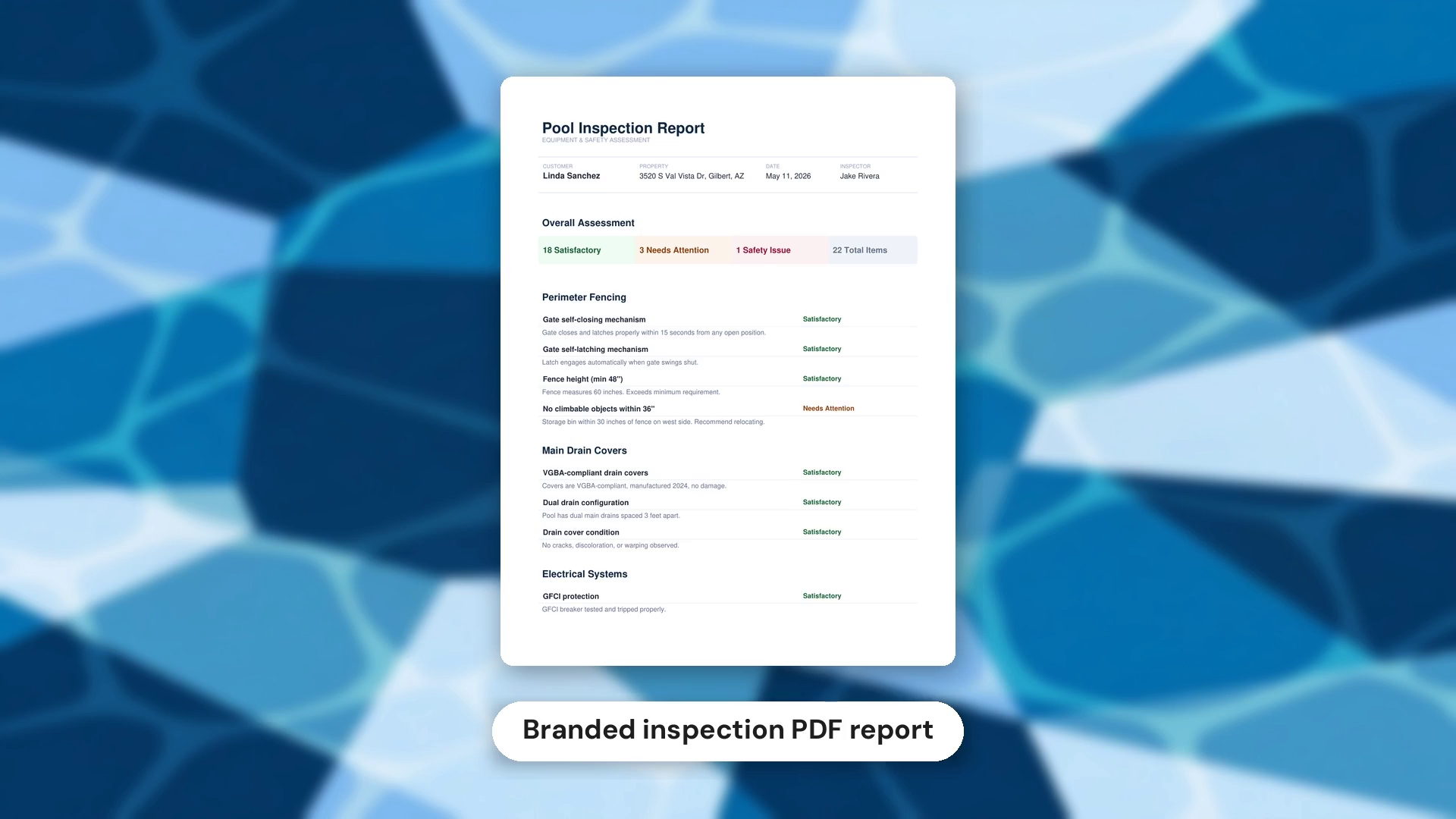 Branded pool inspection PDF report with color-coded severity ratings