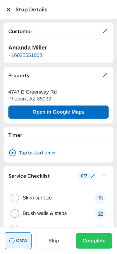 Stop detail with checklist and timer