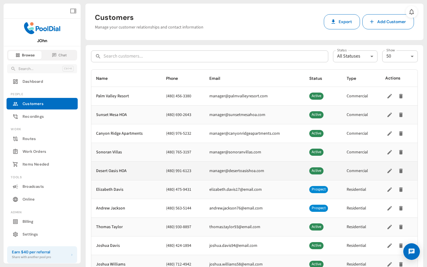 Customer list with service records