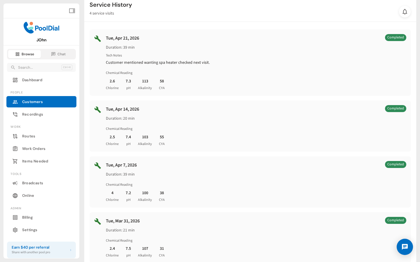 Service history with dates and details