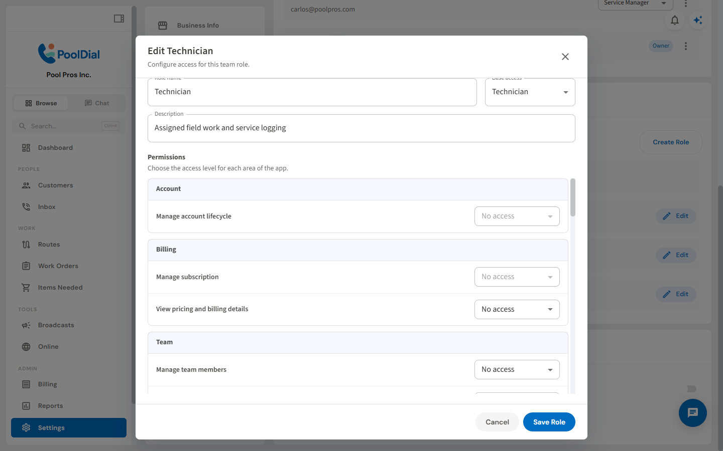 PoolDial permissions settings for controlling role access
