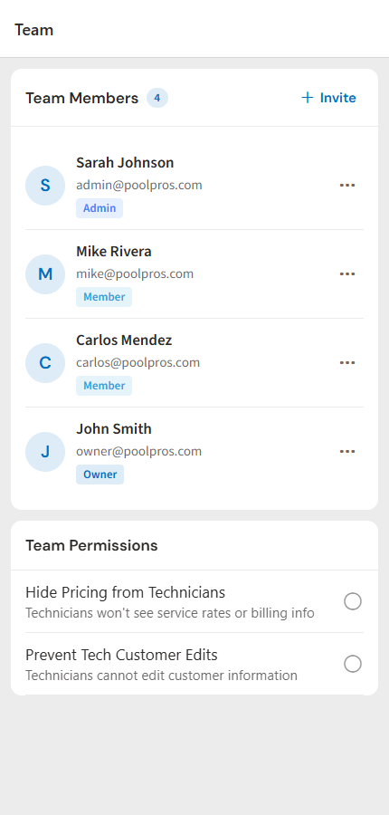 PoolDial mobile team management screen