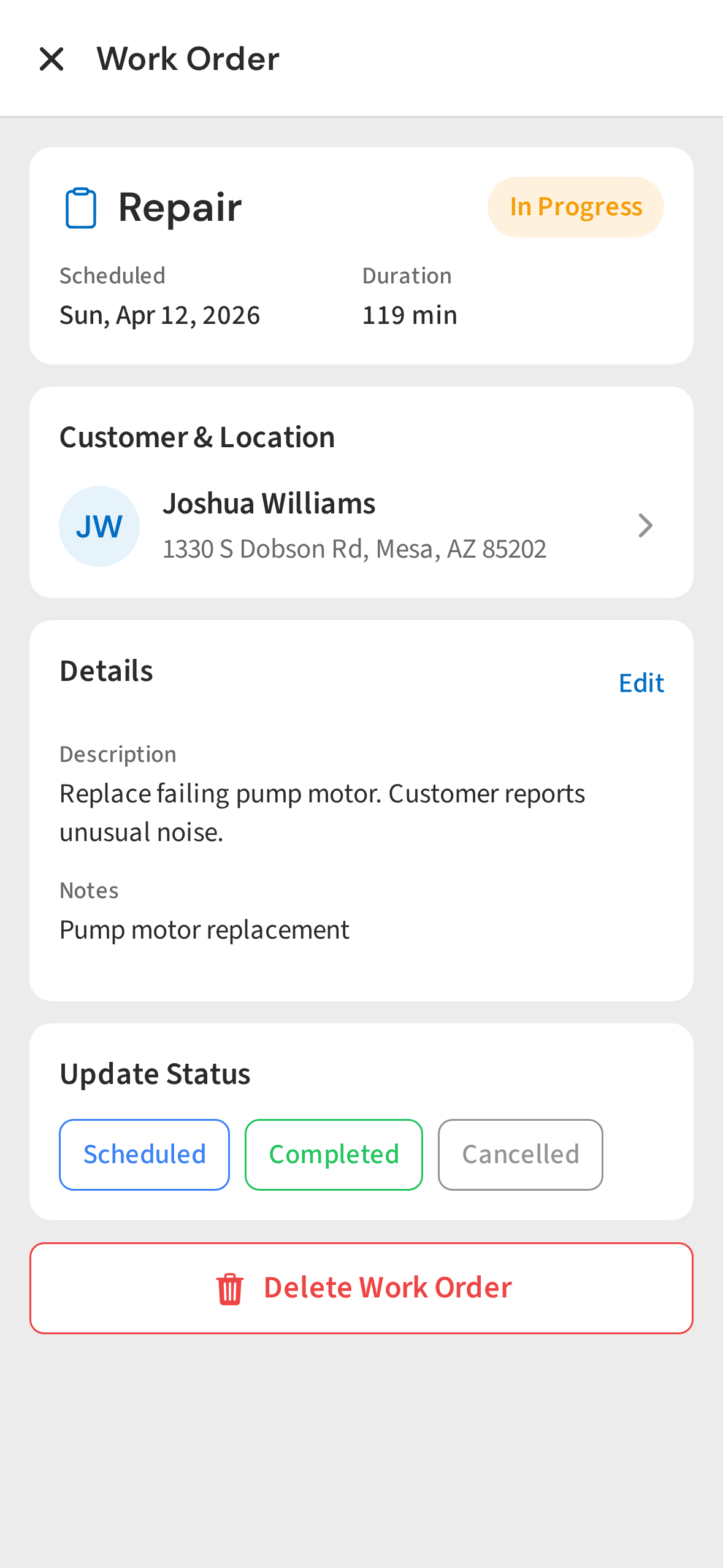 Job details with instructions on mobile