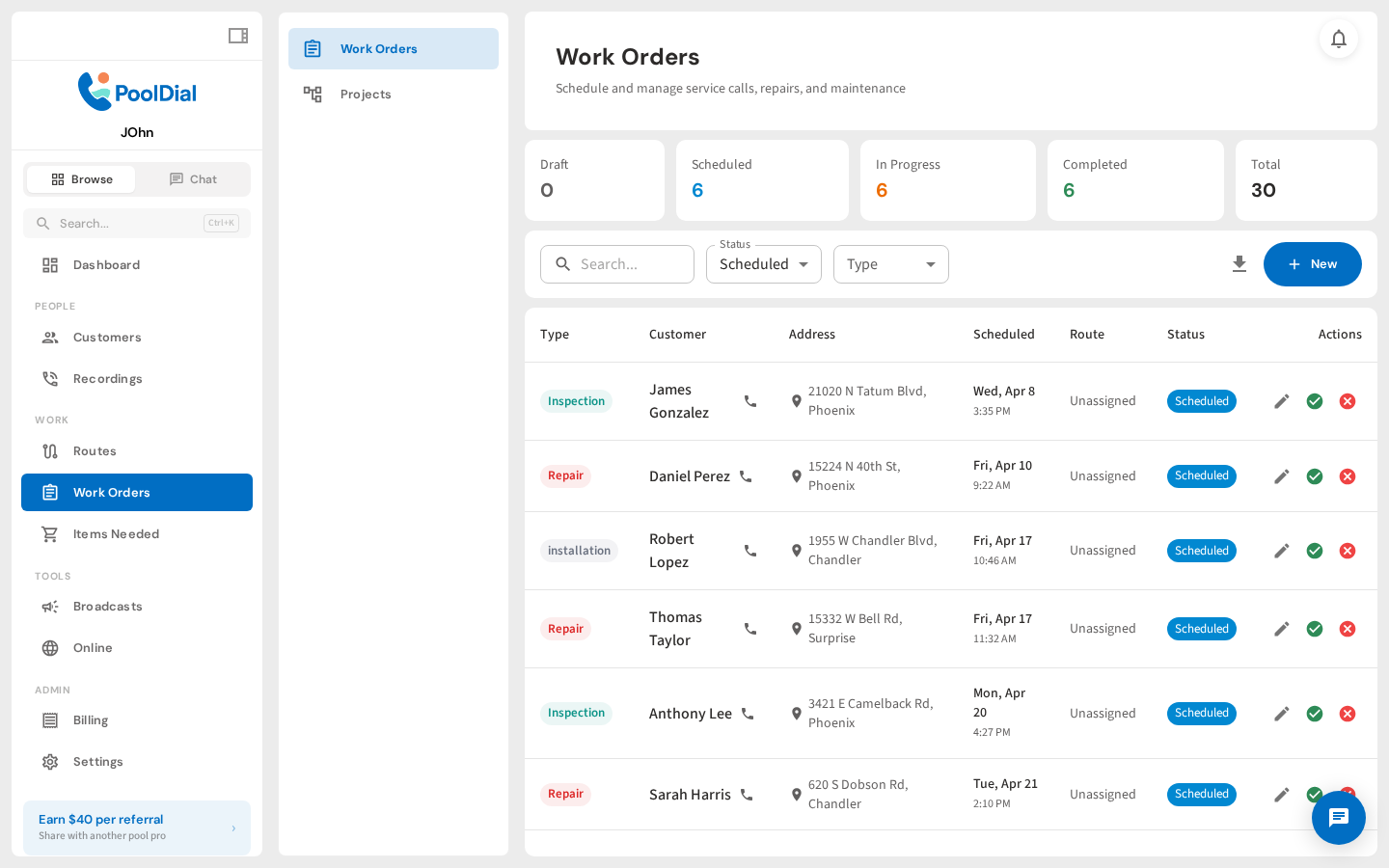 Filtering work orders by status