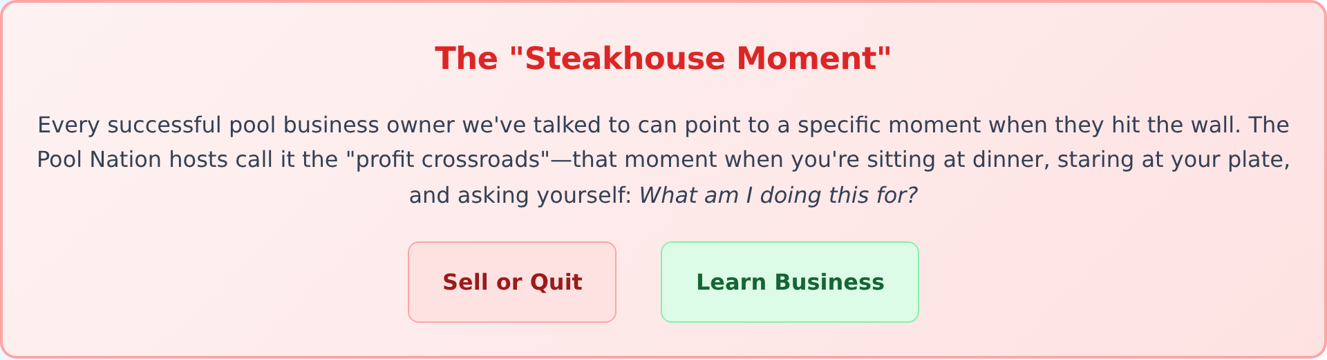 The Steakhouse Moment: Pool business crossroads decision point showing two paths - Sell or Quit versus Learn Business
