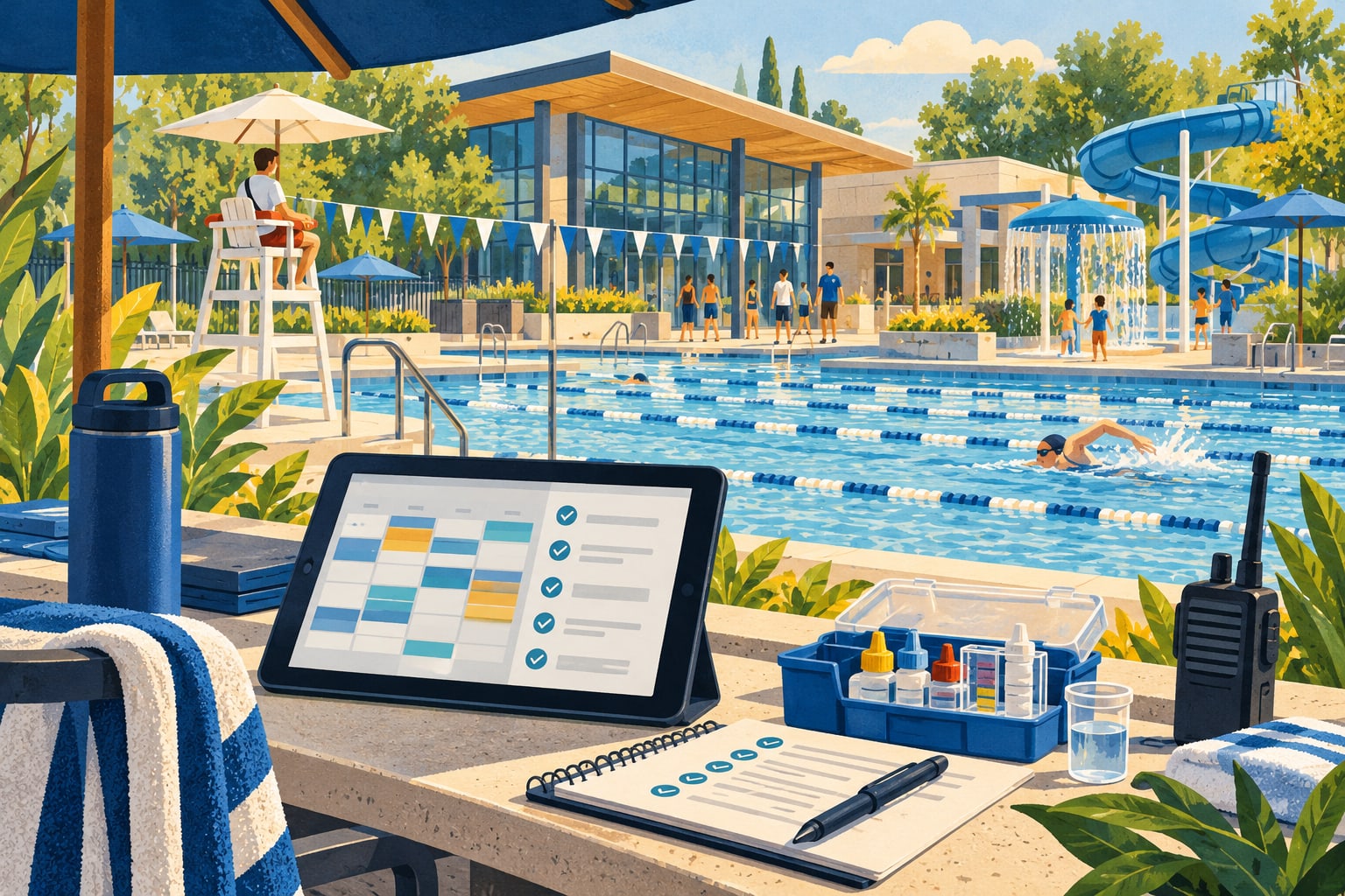 Illustration of an aquatic center with a scheduling tablet, radio, and water-test kit