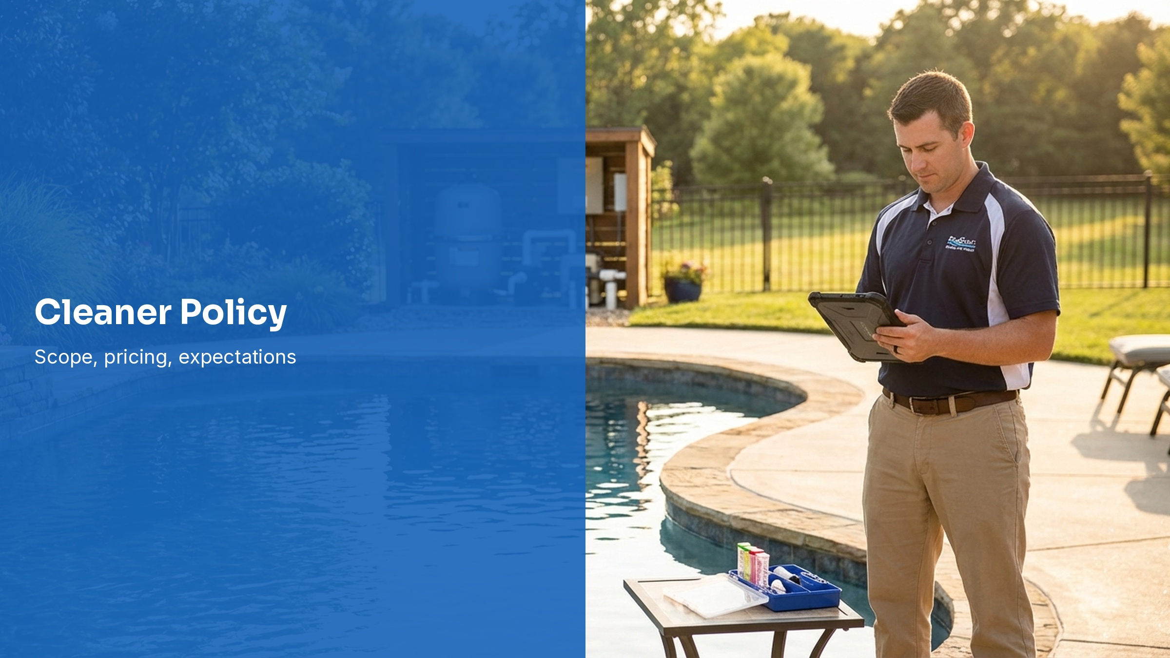 Pool service technician checking a backyard pool with an automatic cleaner and service checklist