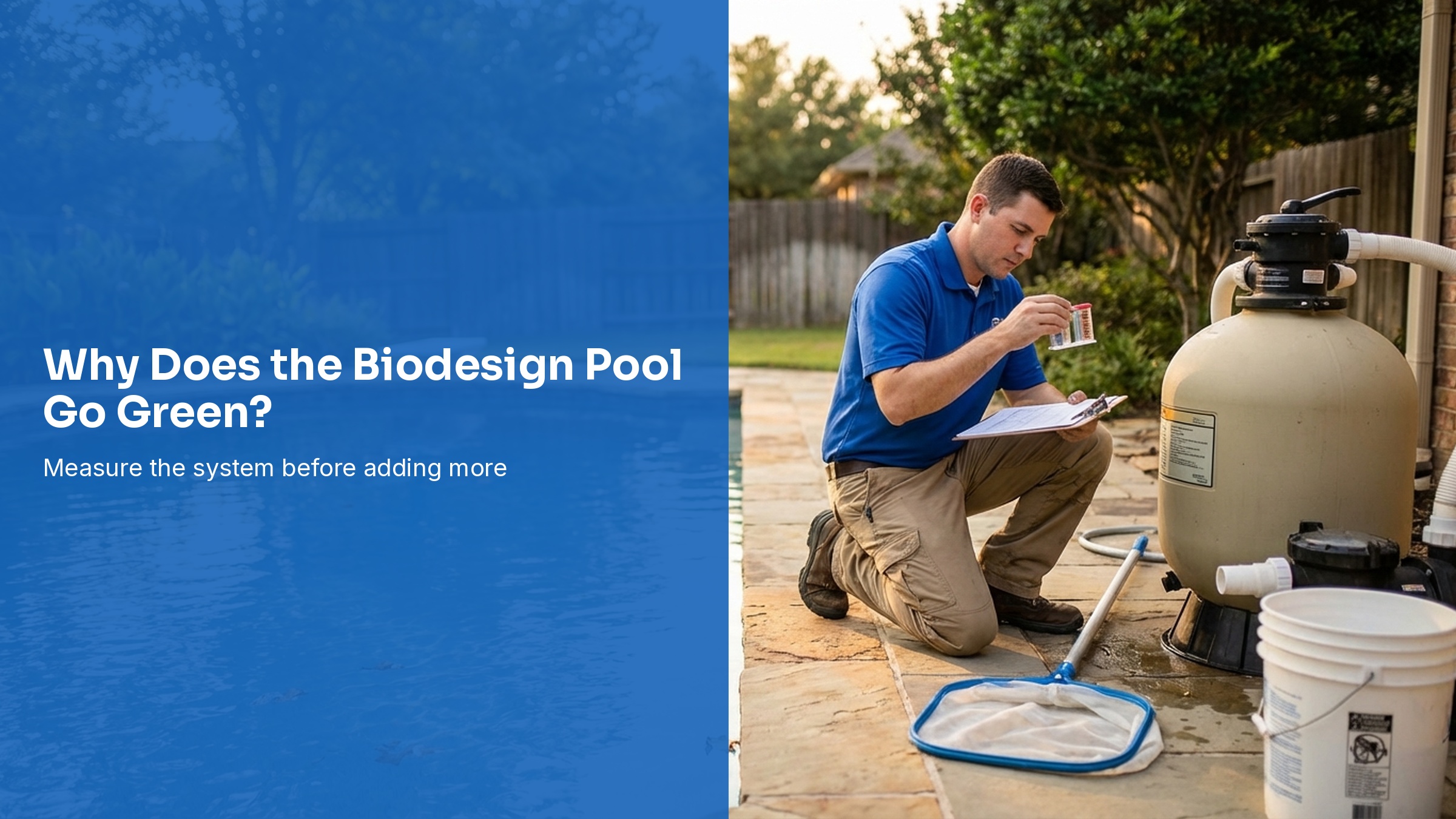 Pool professional testing water beside a green residential pool