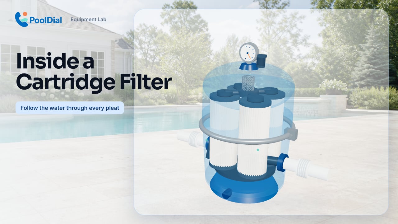3D cutaway of a four-element cartridge pool filter