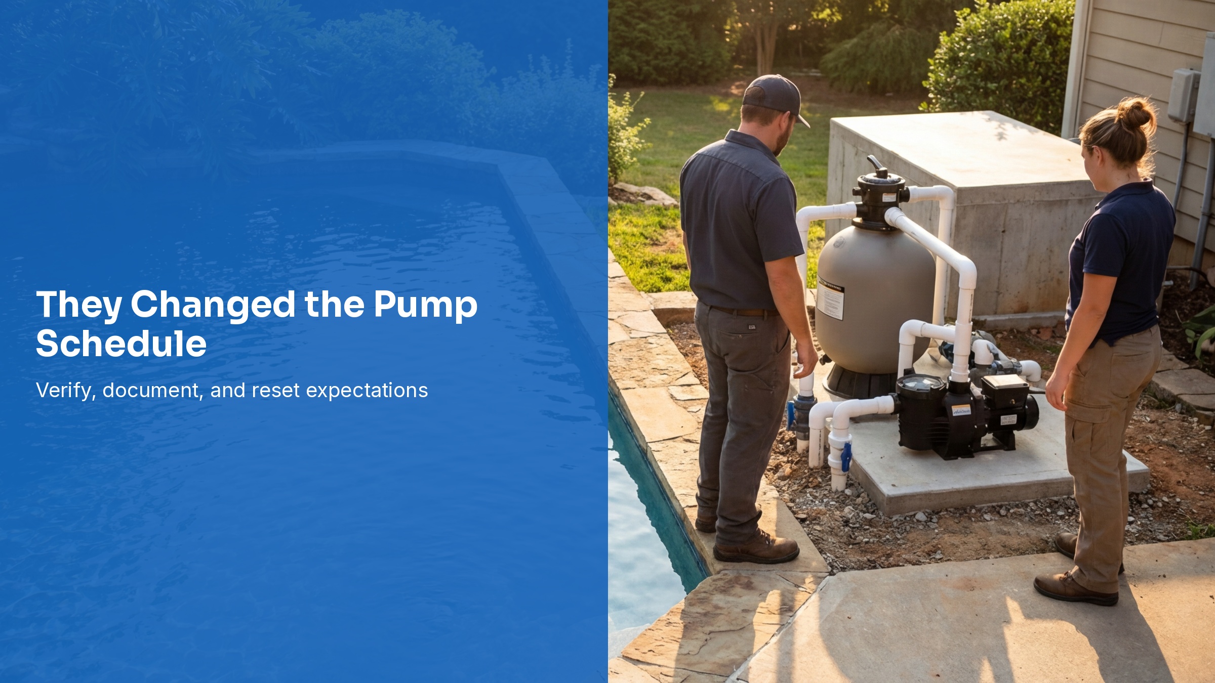 Pool service professionals reviewing pump settings beside a residential pool