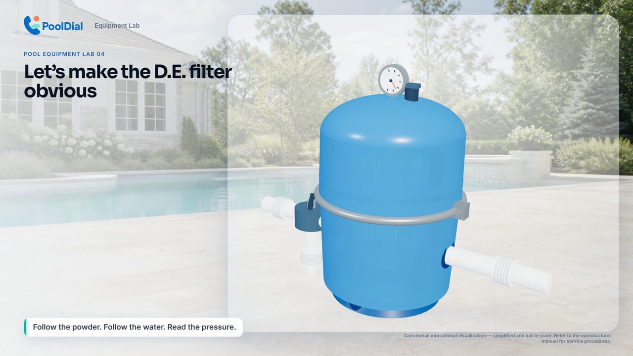3D view of a blue D.E. pool filter beside a pool