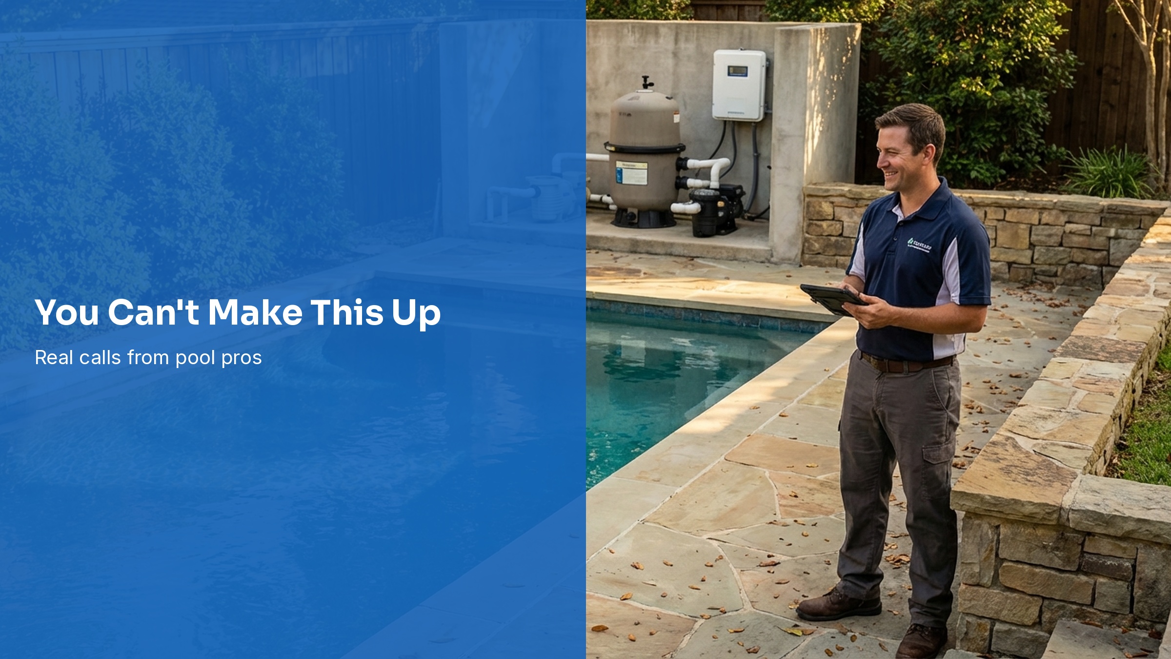 Pool service professional smiling beside a residential pool