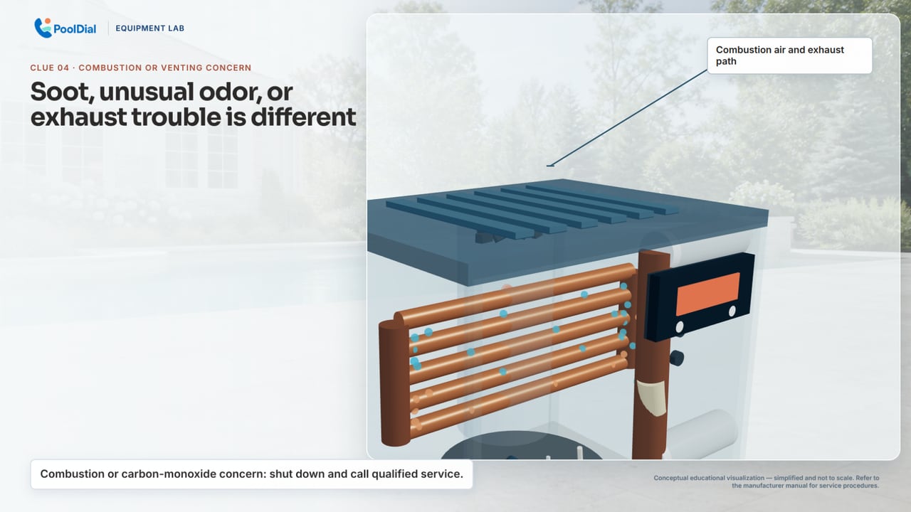 Gas pool heater cutaway showing combustion and exhaust flow