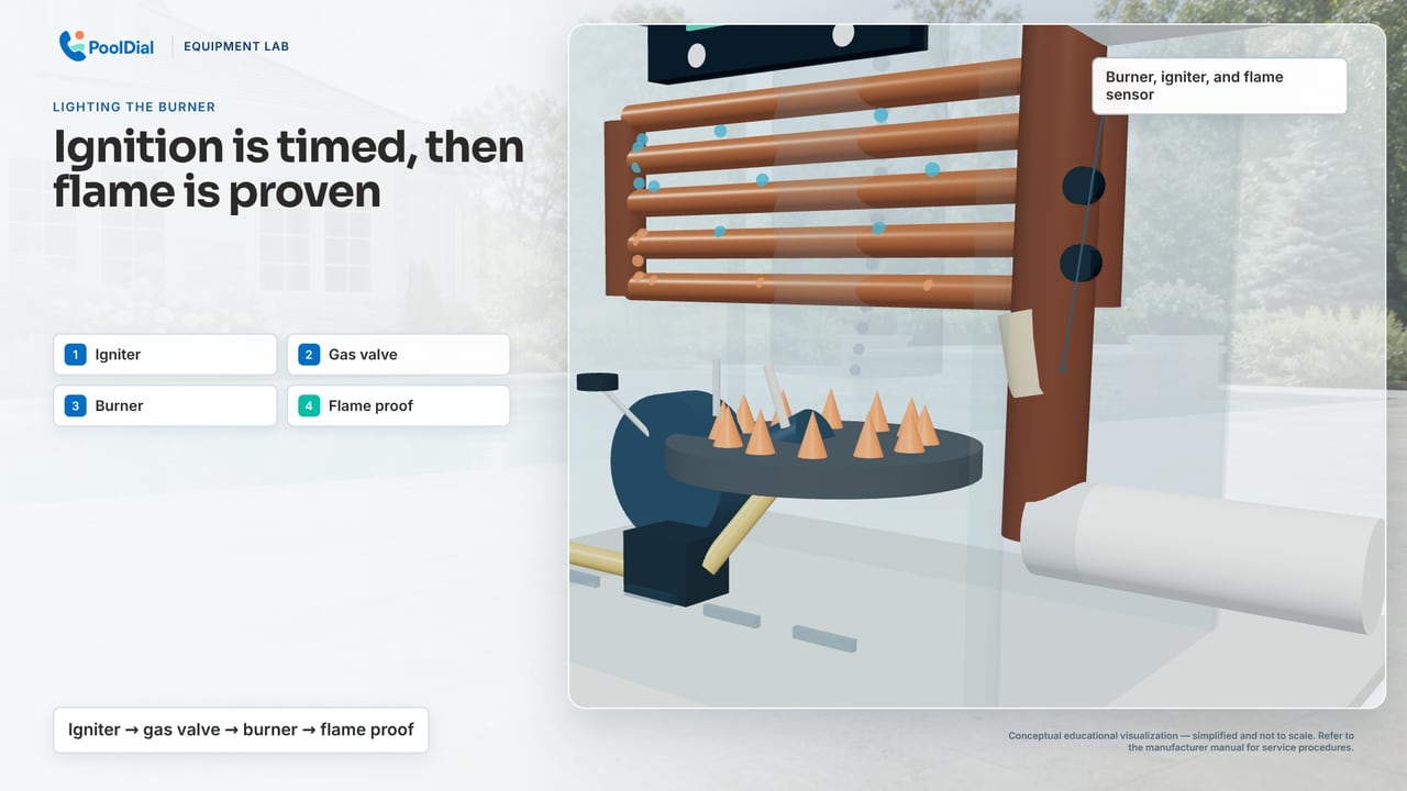 Gas pool heater ignition sequence from blower through flame proof