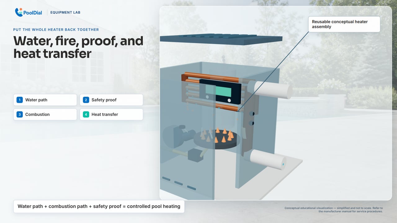 Gas pool heater recap showing water flow, combustion, heat transfer, and exhaust