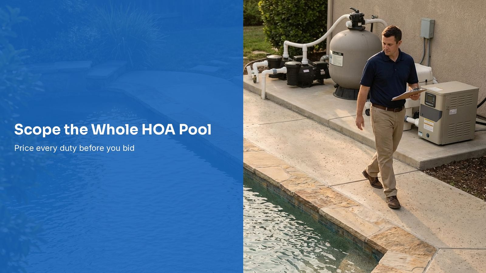 Pool service professional inspecting a community HOA pool deck