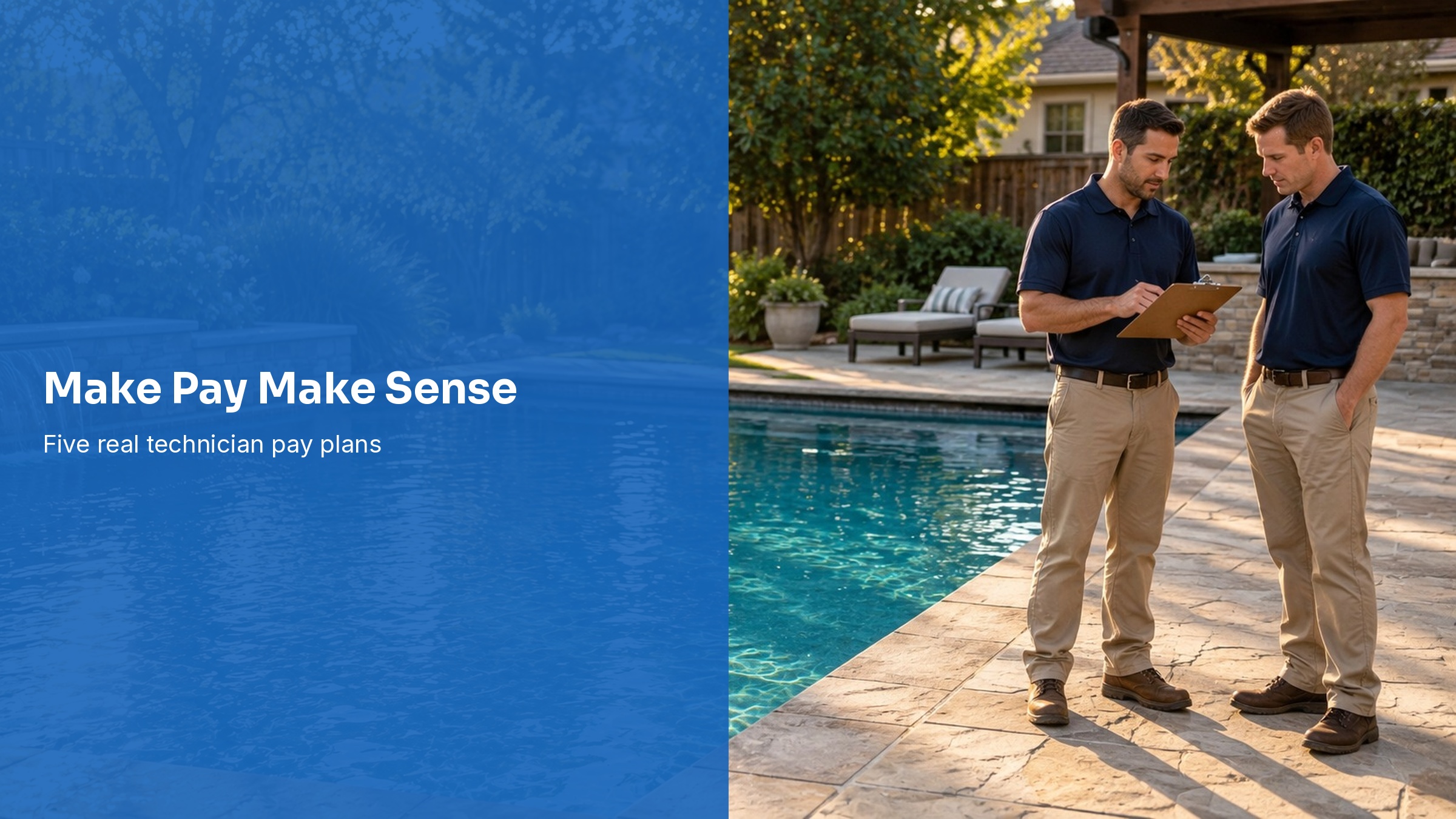 Two pool service colleagues reviewing a clipboard beside a pool; Make Pay Make Sense