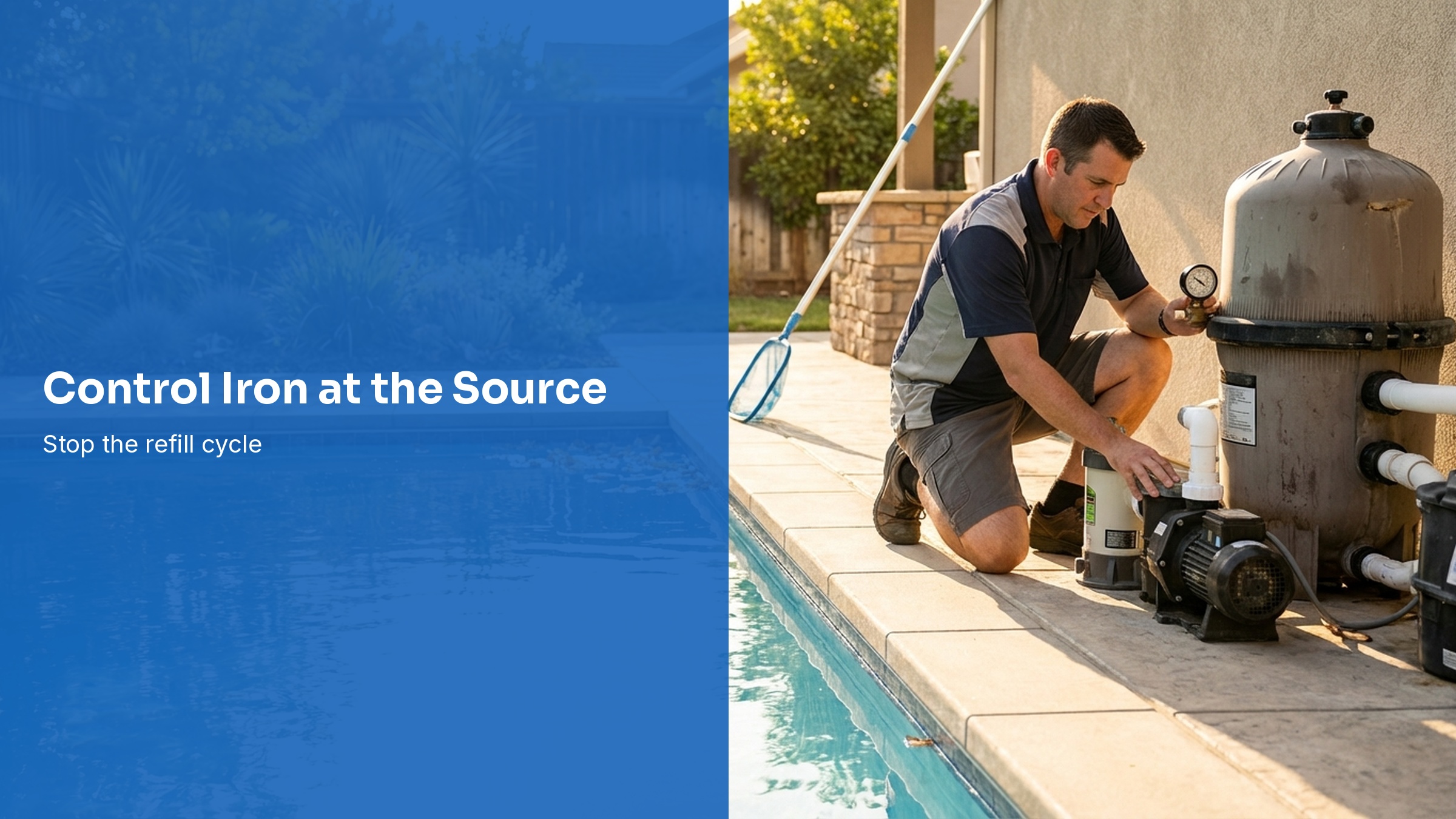 Pool professional checking a filtration system beside a residential pool