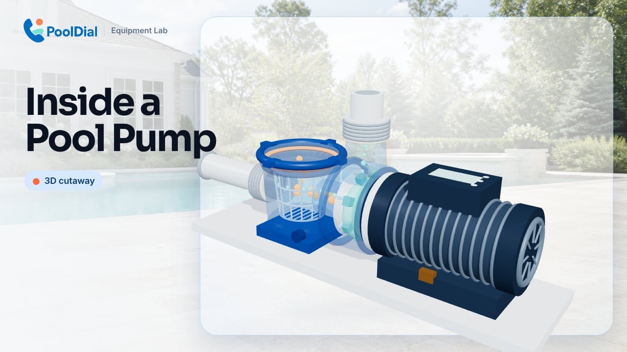 3D cutaway of a swimming pool pump beside a pool
