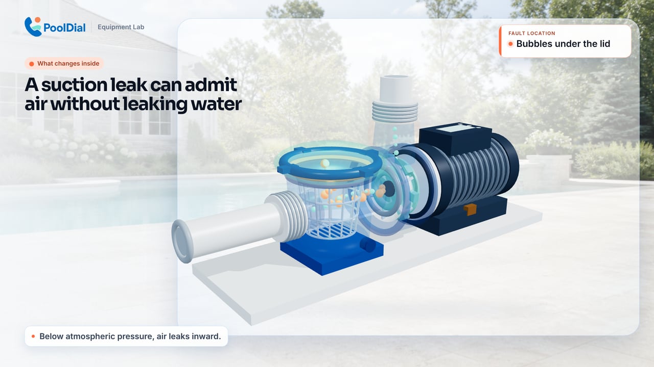Pool pump cutaway showing air entering at a suction-side lid seal