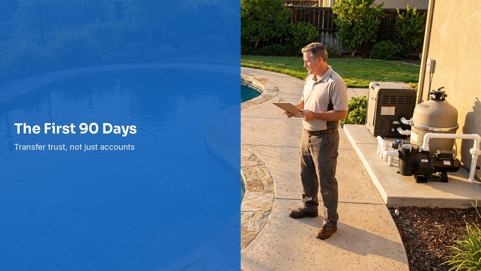 Pool service business buyer and seller reviewing route accounts together