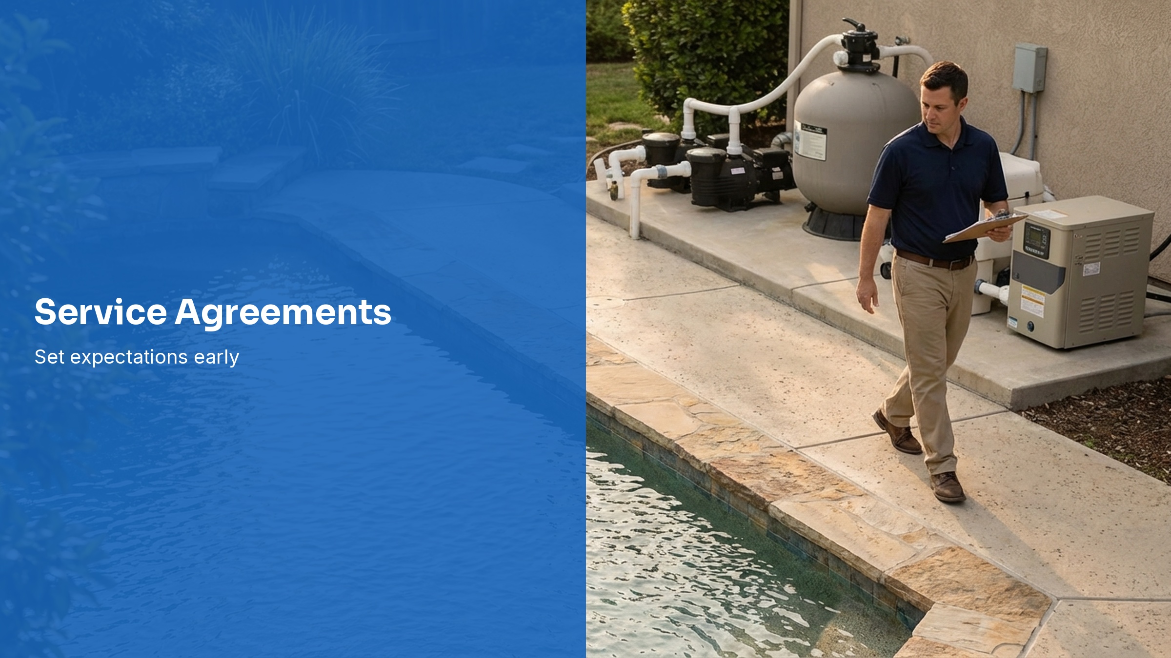 Pool service owner reviewing agreement terms on a tablet beside a pool