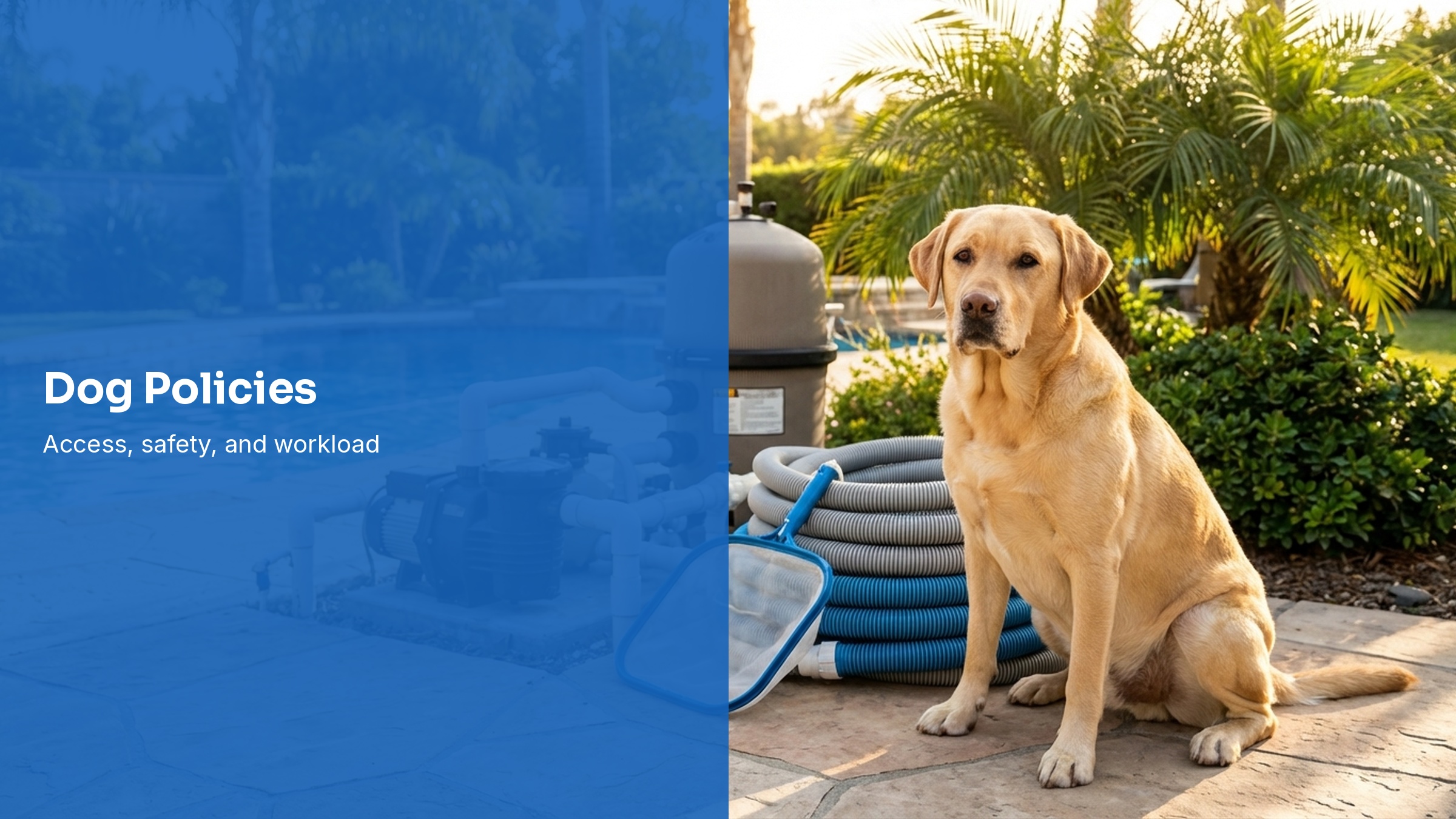 Pool service technician at a backyard gate with a dog safely behind the fence