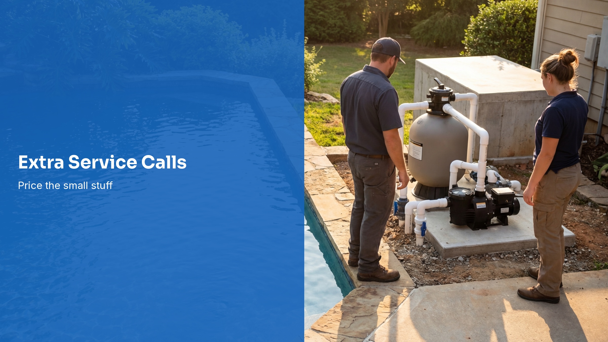 Pool service technician pricing an extra service call