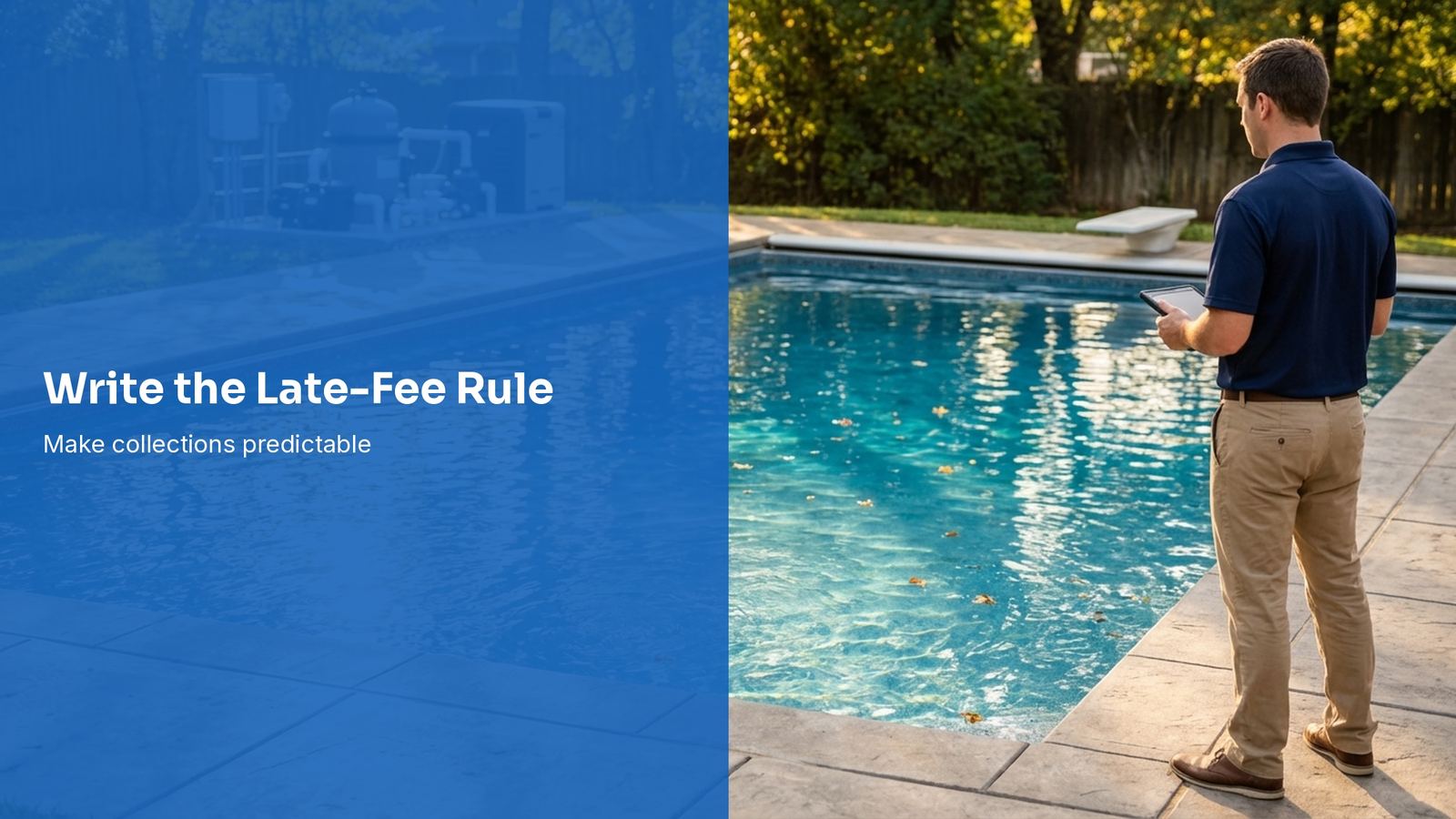 Pool service owner reviewing overdue invoices and payment rules