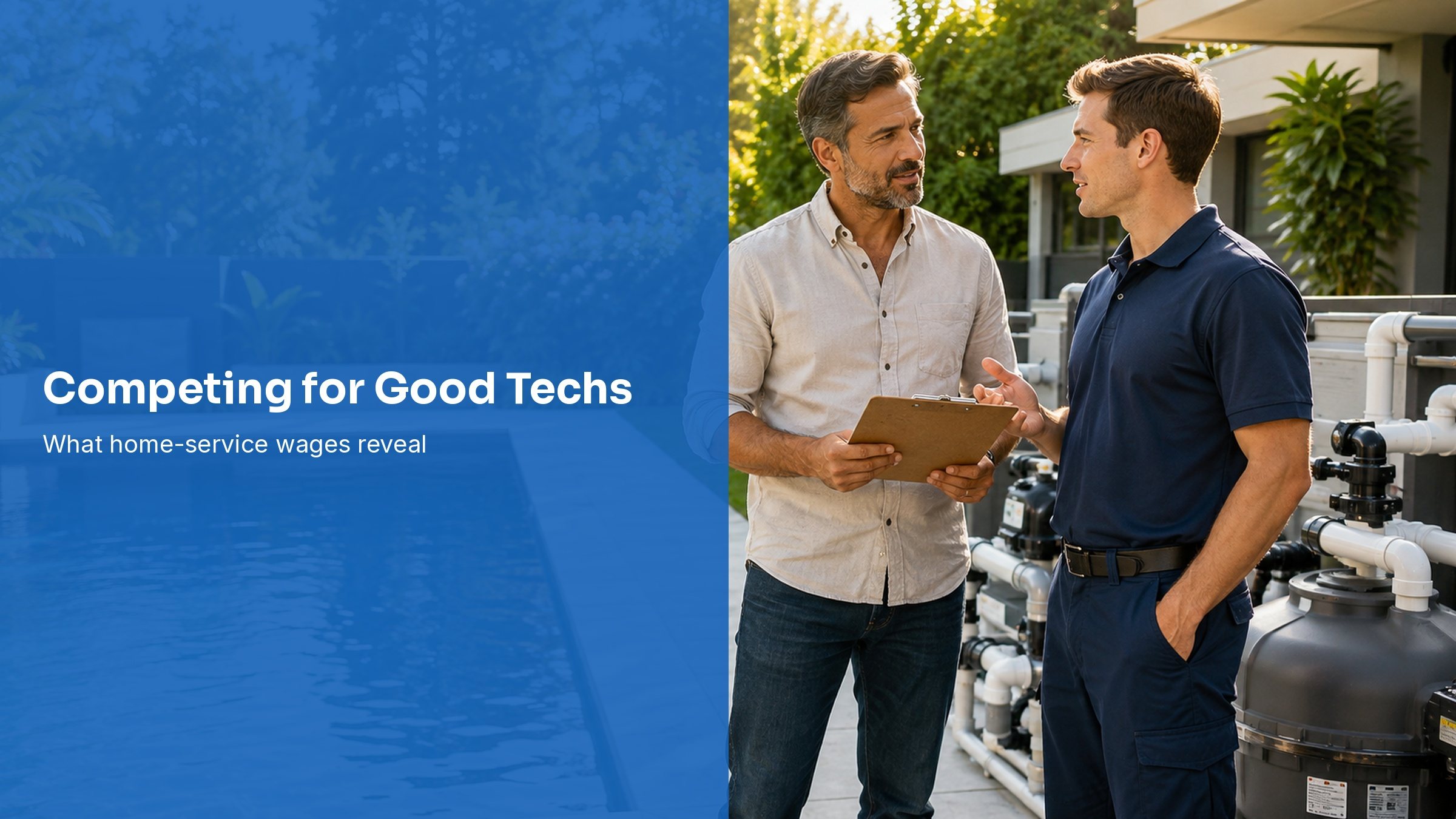 Pool service owner and technician discussing work beside a residential pool