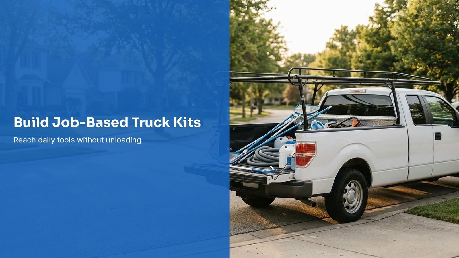 Organized pool service vehicle with labeled tool and testing kits