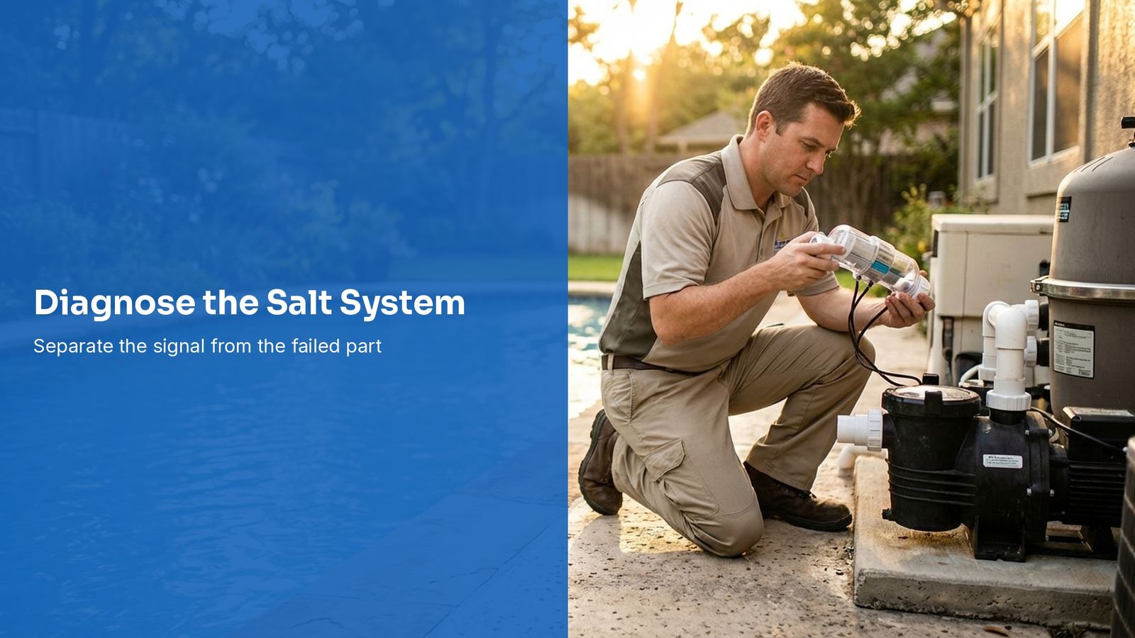 Pool technician testing salinity beside a salt chlorine generator