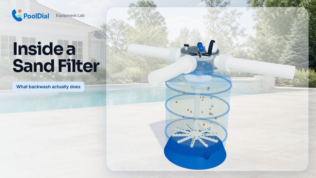 3D cutaway of a pool sand filter during backwash