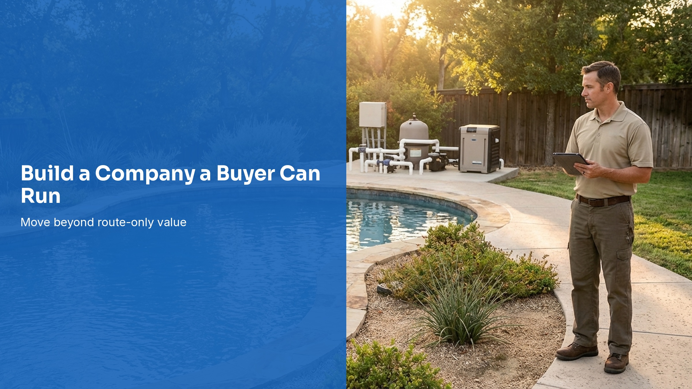 Pool service business owner reviewing operations beside a customer pool