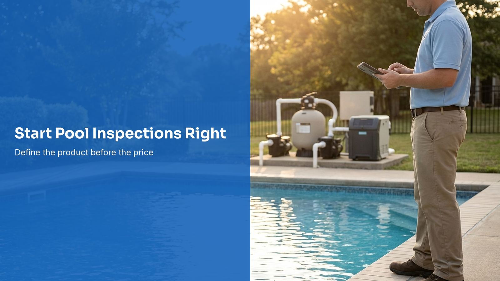 Pool inspector photographing equipment during a home inspection