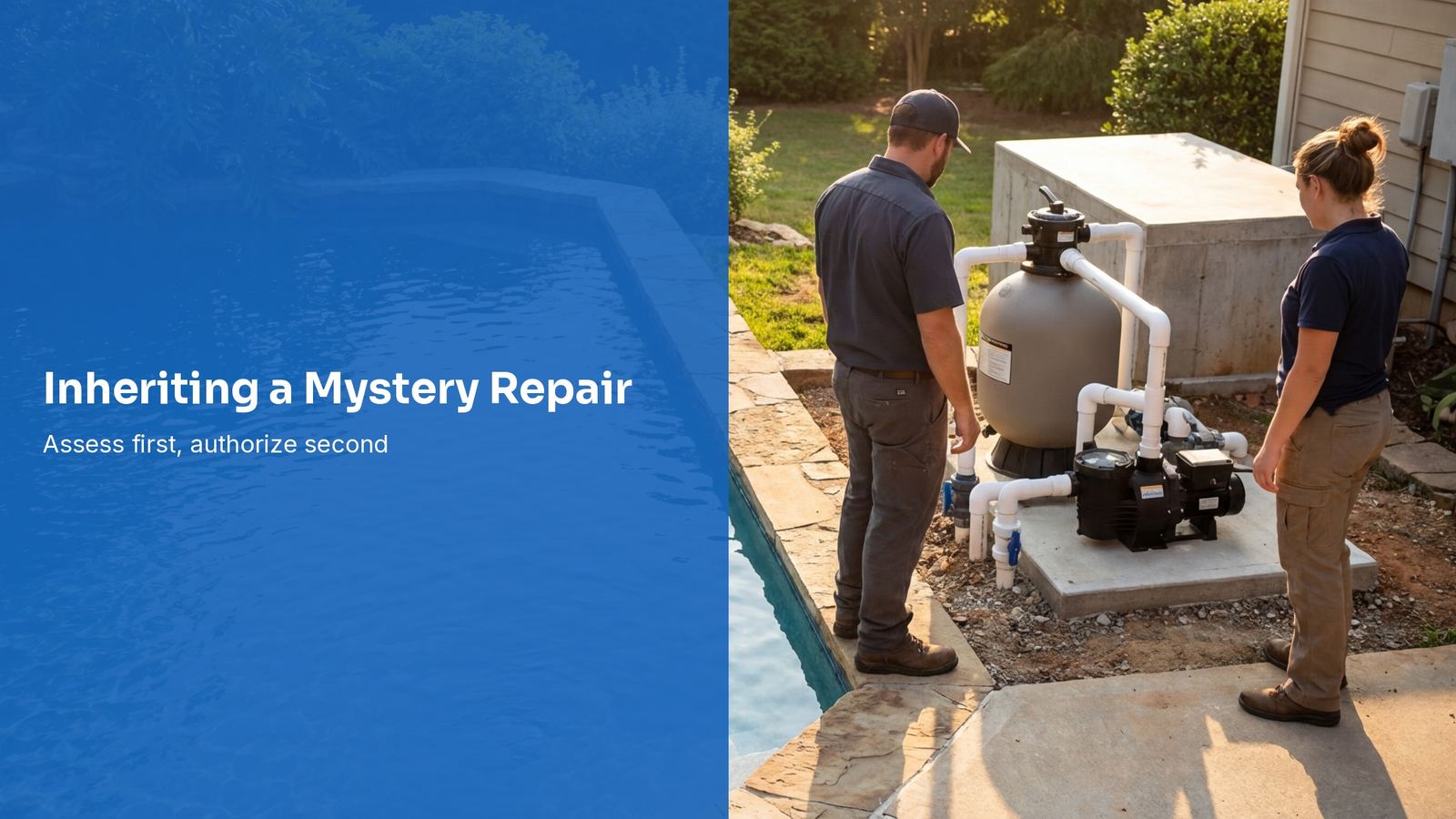 Pool technician inspecting unfamiliar plumbing at an equipment pad