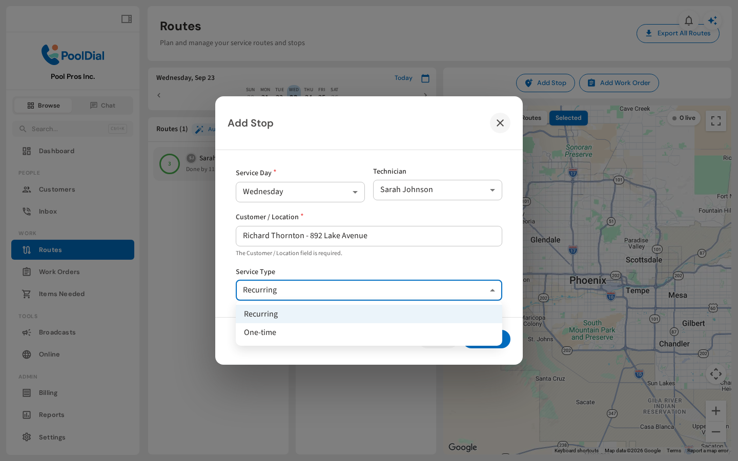 Choose recurring or one-time service