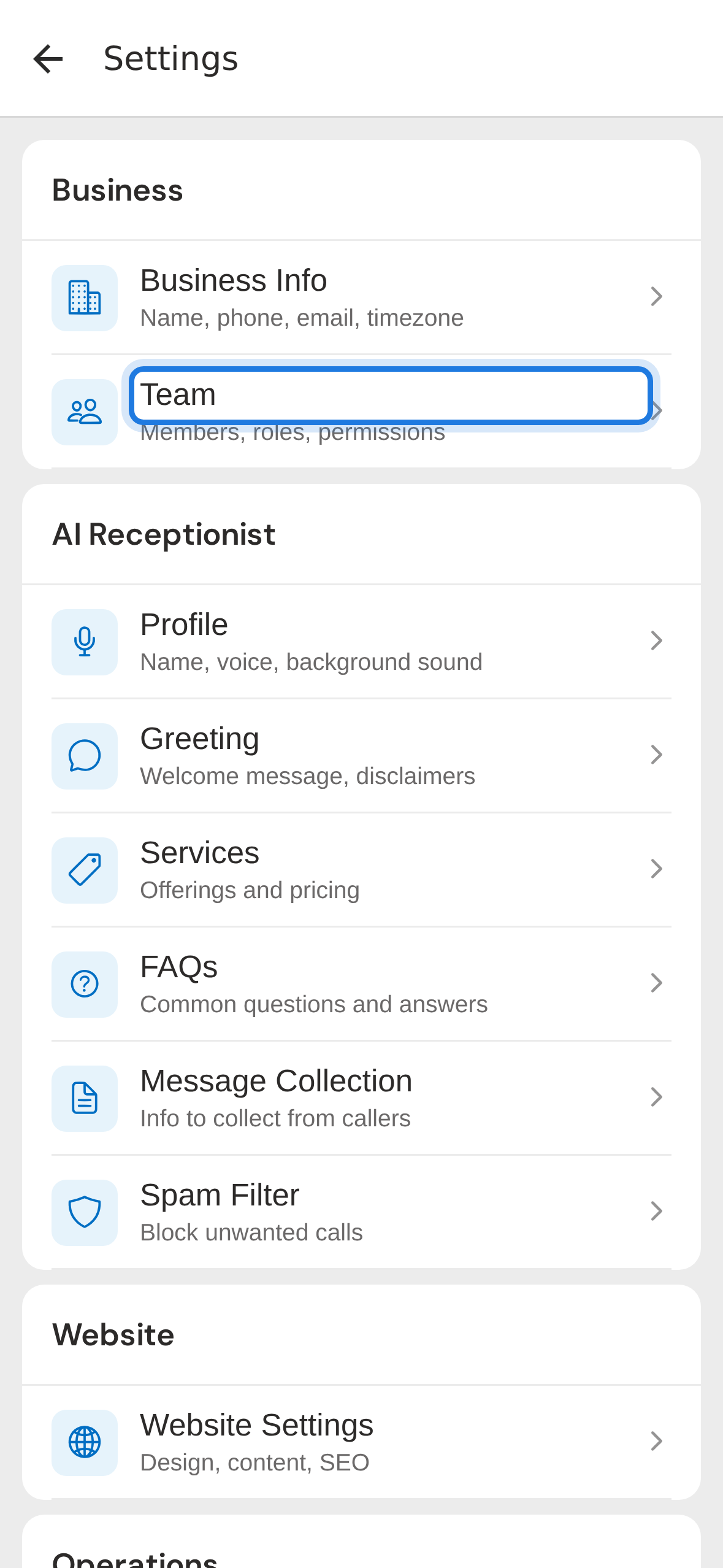 Tap Team in settings