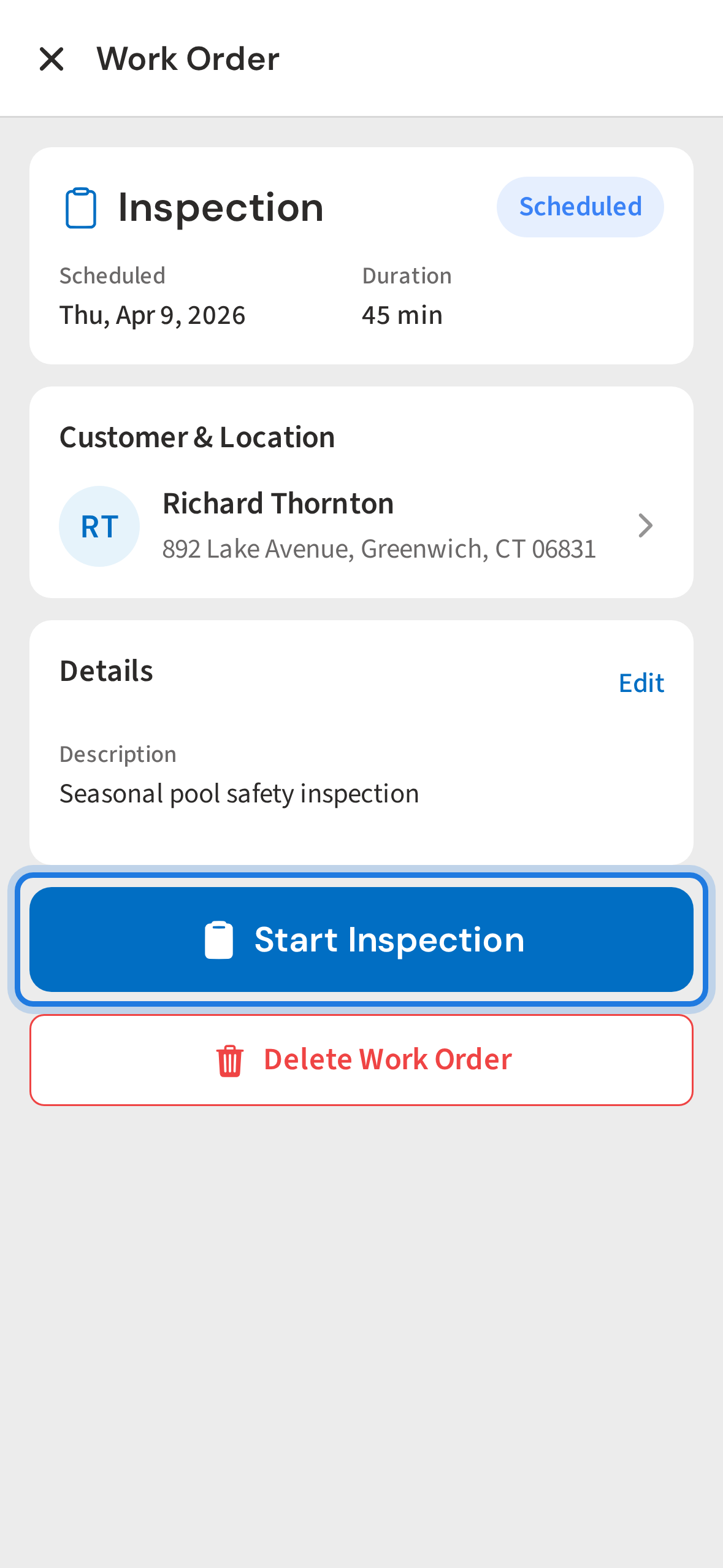 Tap Start Inspection on the work order